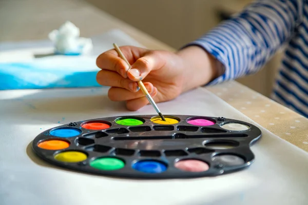 Little Kid Painting Watercolor Paint Home School Close Hand Dipping — Stock Photo, Image