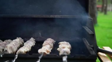 Izgarada leziz çiğ domuz şiş ızgarasının yakın görüntüsü. Ateş ve dumanın üstünde pişen şiş et. Kimse.