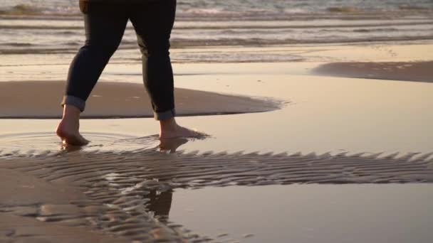 Женщина Джинсах Гуляет Песчаному Пляжу Закате Закрыть Ноги Девочки Песке — стоковое видео