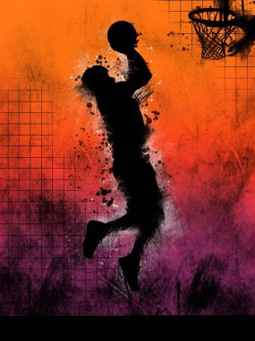 Giocatore di basket che salta per mettere la palla nel canestro