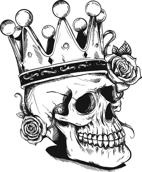 Hermosa Calavera Romántica Con Corona Elegante Corona Flores Tinta Sobre — Vector de stock