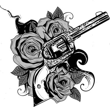 Çift çapraz silah ve gül çiçek dövme tarzda çizilmiş. Vektör çizim.
