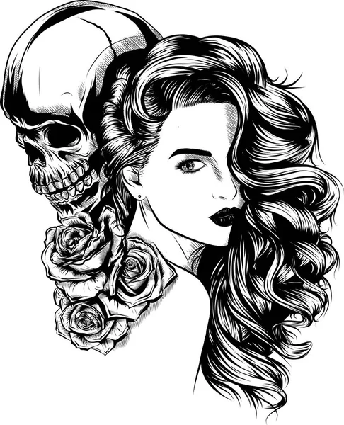 Fille Avec Squelette Faire Dessin Vectoriel Dessiné Main Santa Muerte — Image vectorielle