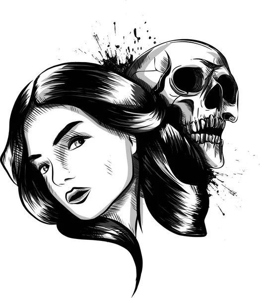 Woman Holds Human Skull Hand Dark Magic — Stock Vector