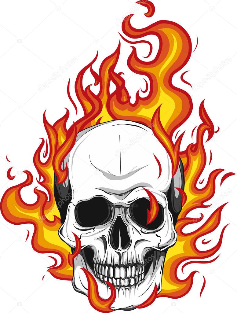 Skull on Fire Flames Vector Illustration