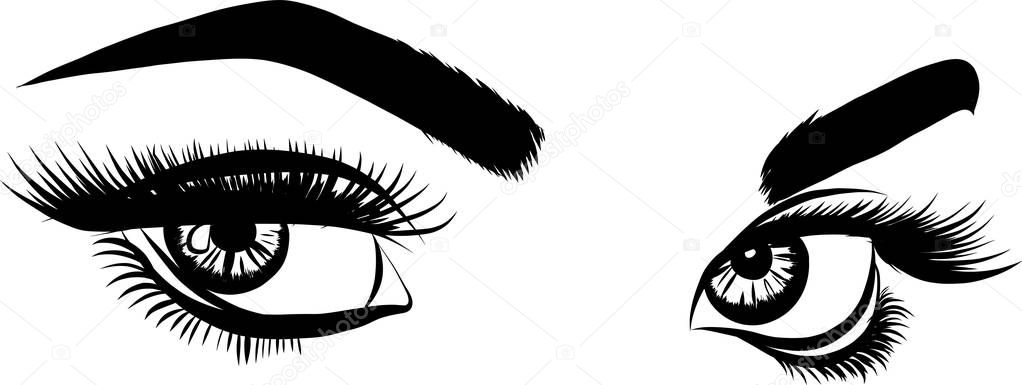 Detailed woman eyes with long eyelashes illustration on white background.
