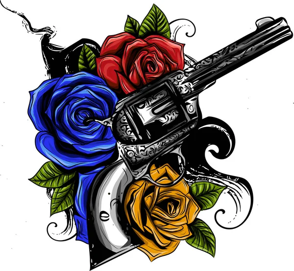 Pair Crossed Guns Rose Flowers Drawn Tattoo Style Vector Illustration — Stock Vector