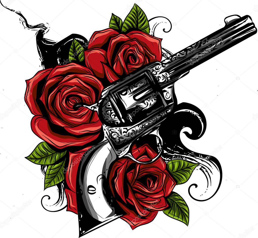 Pair of crossed guns and rose flowers drawn in tattoo style. Vector illustration.