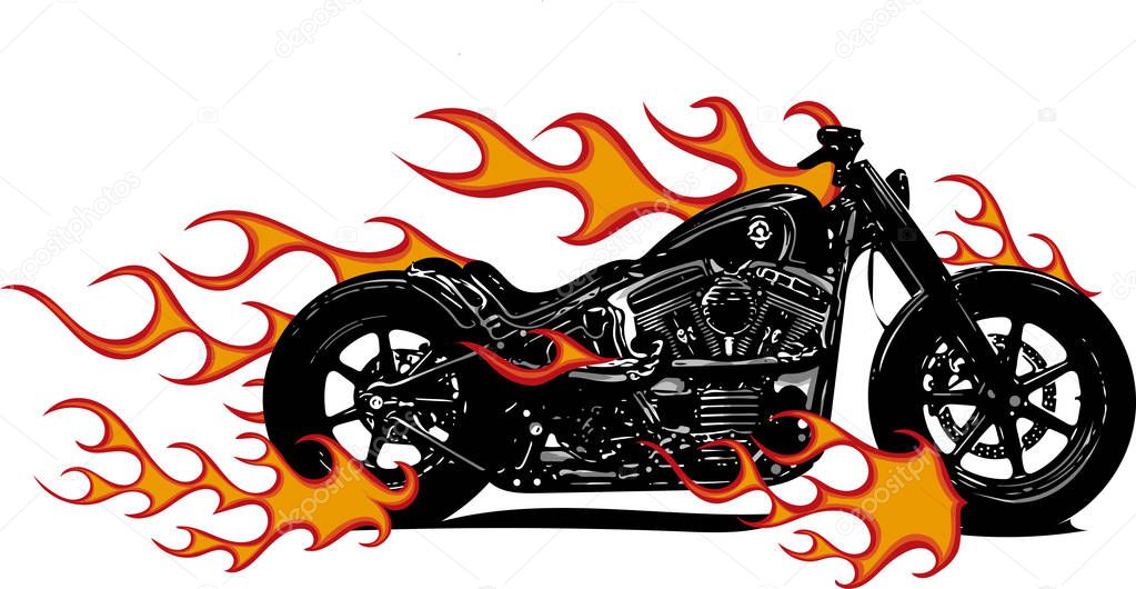 Dramatic burning motorcycle engulfed in fierce fiery orange flames and exploding sparks