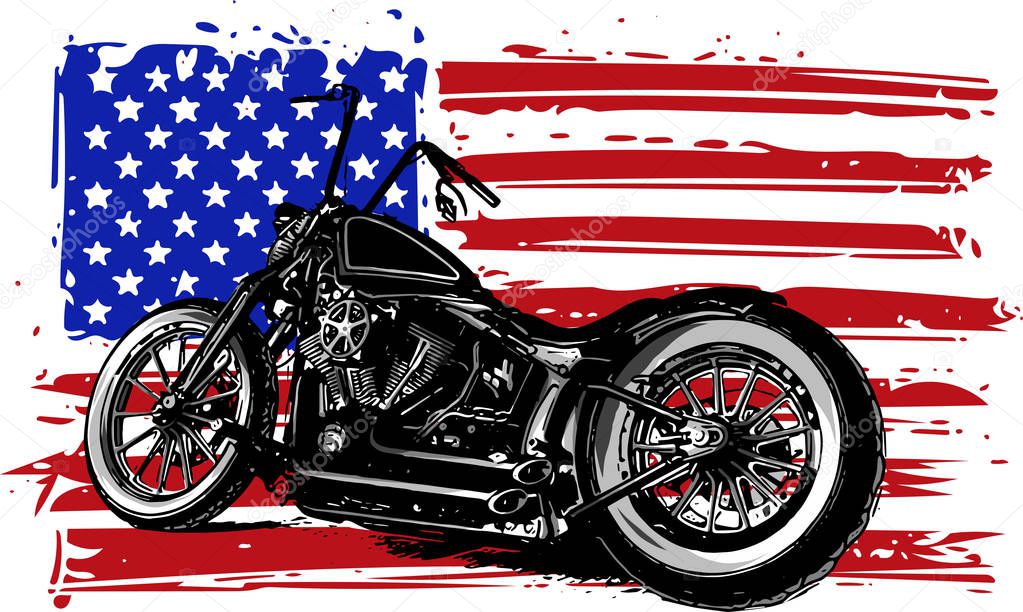 Hand drawn and inked vintage American chopper motorcycle