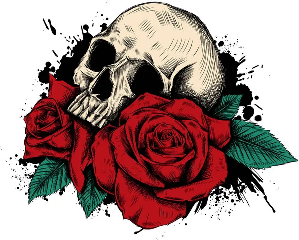 バラの花のある頭蓋骨 手描き — ストック写真