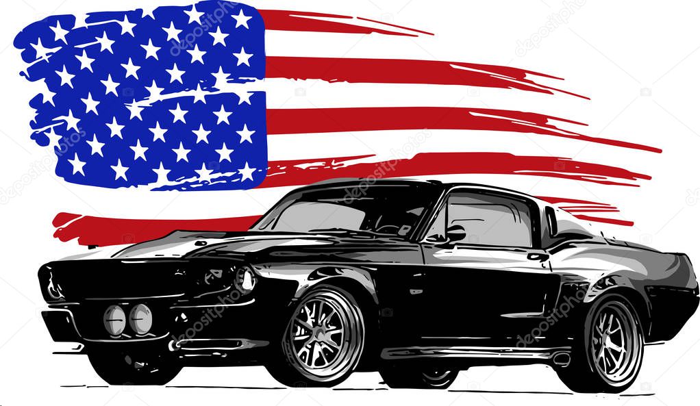Vector graphic design illustration of an American muscle car with stars and stripes flag isolated on white