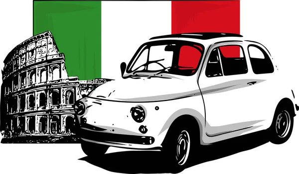 60Er Jahre Italienischer Oldtimer Mit Fahne Und Colloseum — Stockvektor