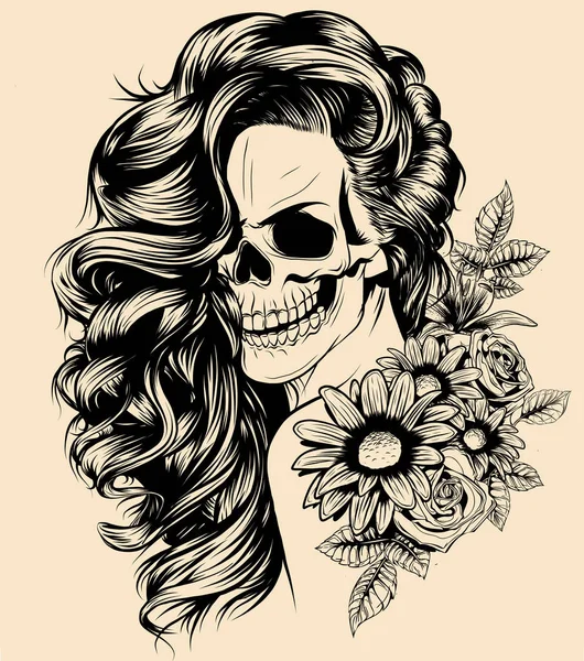 Fille Avec Squelette Faire Dessin Vectoriel Dessiné Main Santa Muerte — Image vectorielle