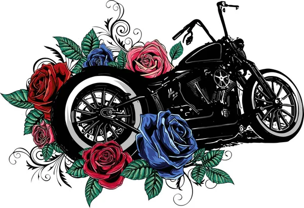 Oldtimer Chopper Motorrad Mit Rosen — Stockvektor