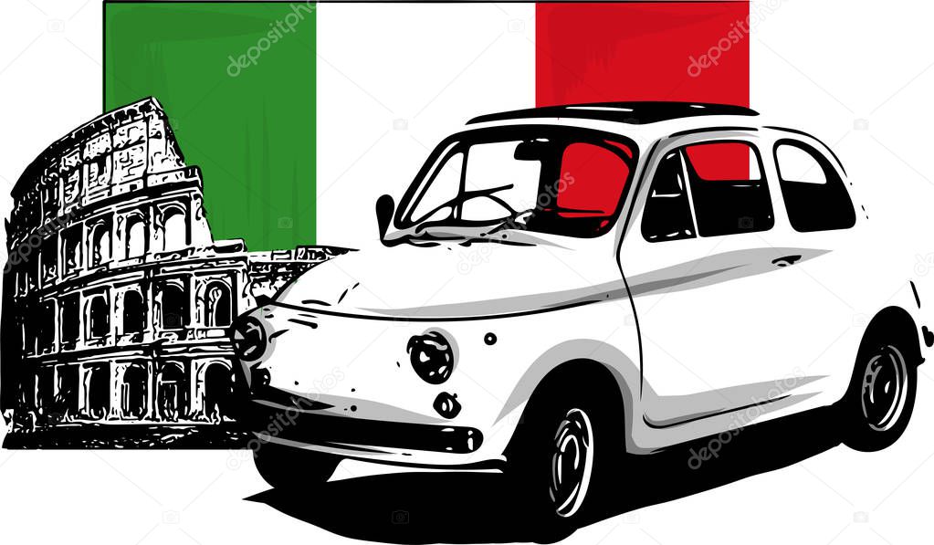 60s vintage italian car with flag and colloseum