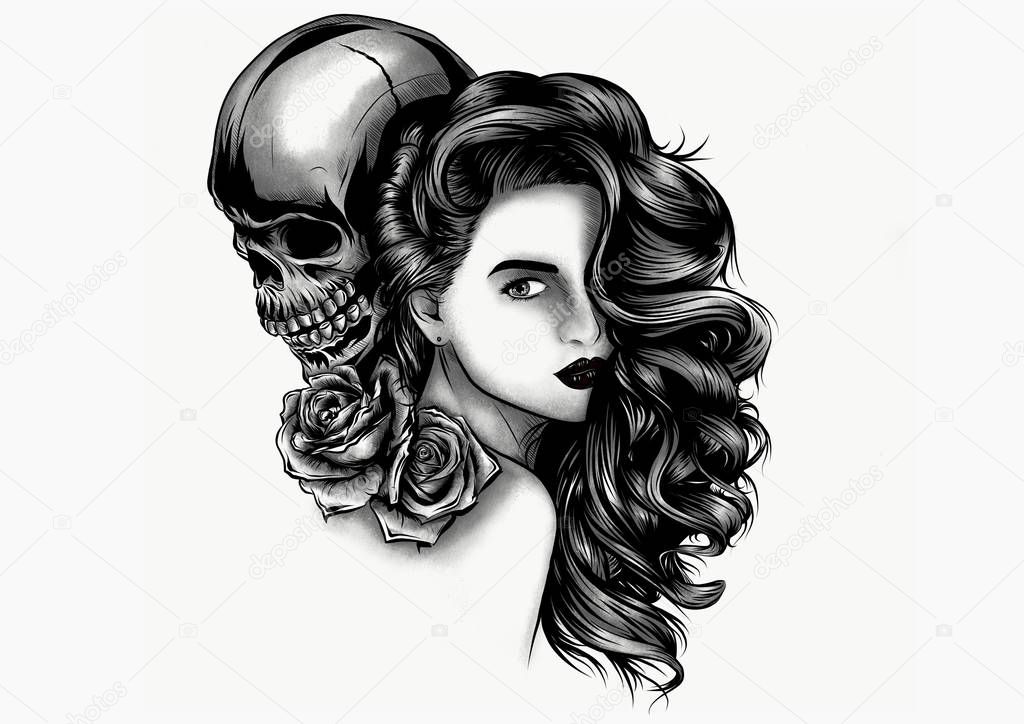 Girl with skeleton make up hand drawn sketch. Santa muerte woman witch portrait stock illustration