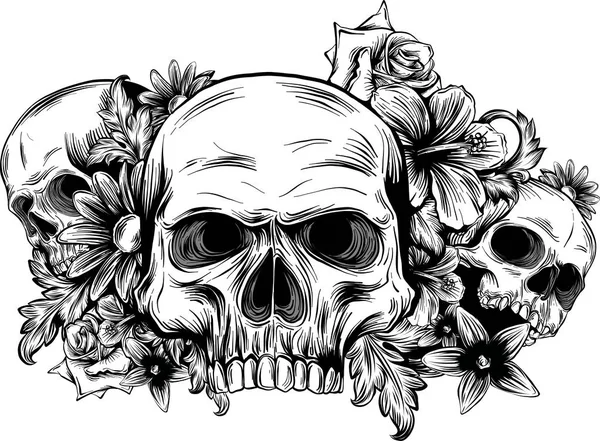 Totenköpfe Mit Rosen Auf Weißem Hintergrund — Stockvektor
