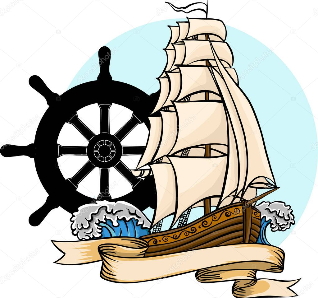 Old ship. Vector flat cartoon illustration