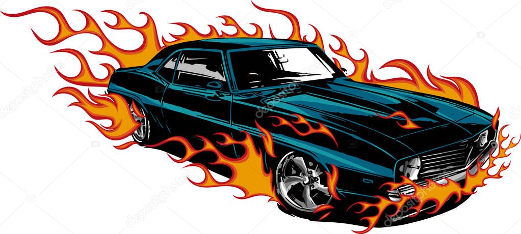 Car muscle old 70s vector illustration