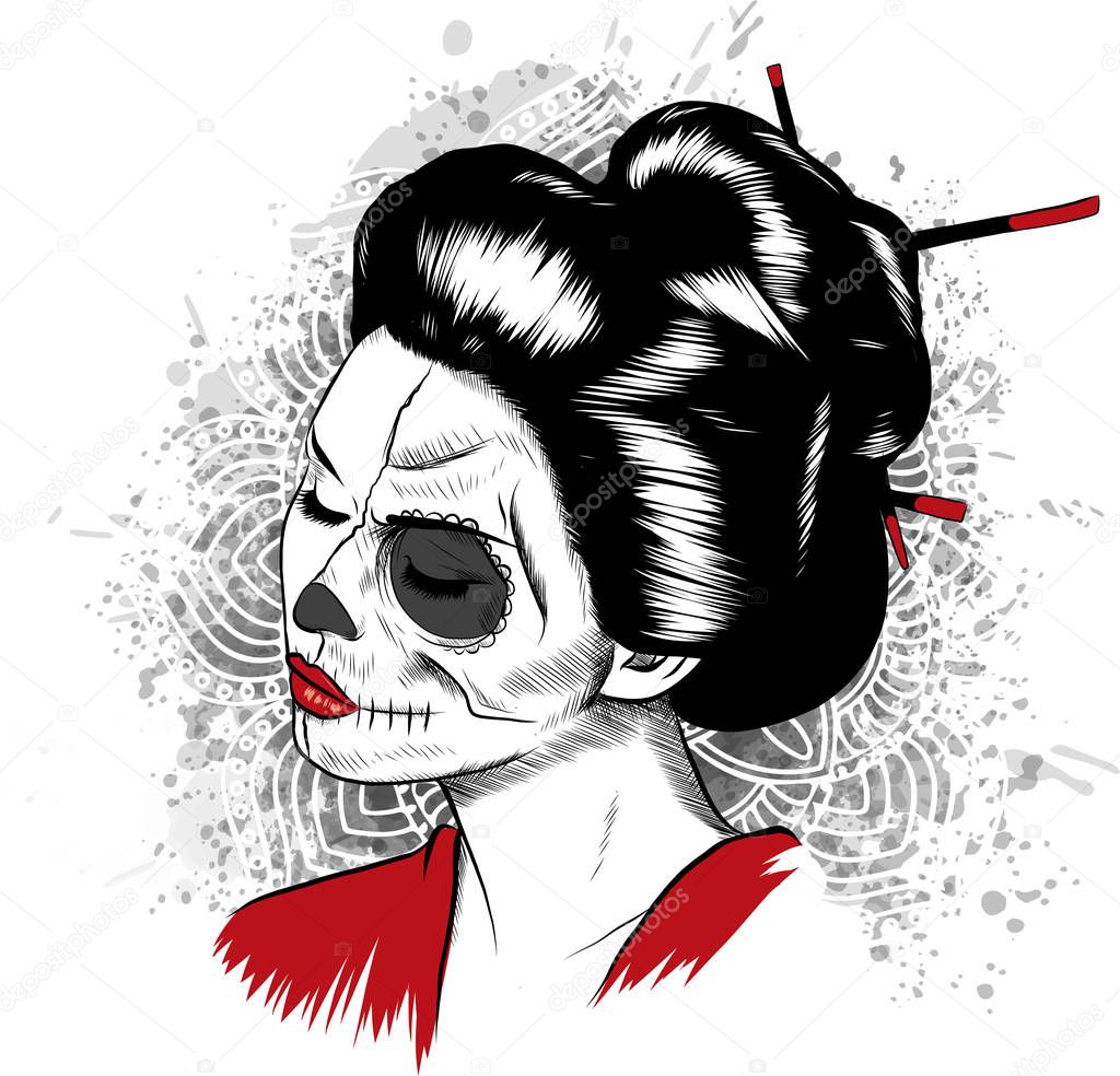 Vector black and white image of Japanese skull woman with painted face.