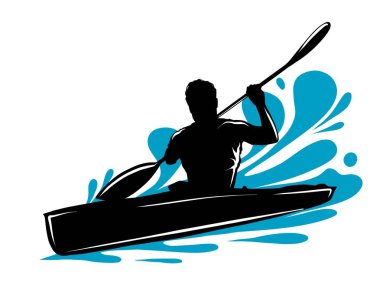 kayık, slalom erkekte Illustration. siyah ve beyaz eskiz,