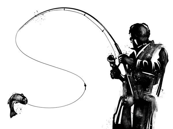 釣りのイラストとシルエットの漁師 — ストック写真