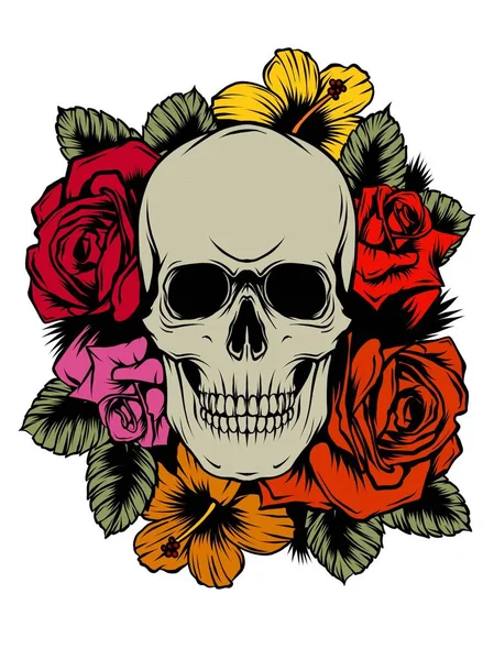 Skull with flowers, with roses. Drawing by hand