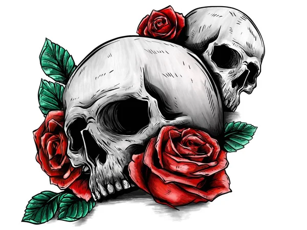 Calavera Con Flores Con Rosas Dibujo Mano — Foto de Stock