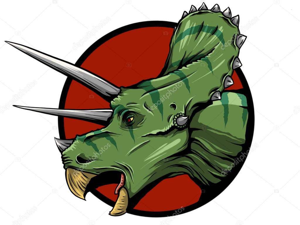 Illustration of Triceratops from family of large horned dinosaurs on the green background. Series of prehistoric dinosaurs.