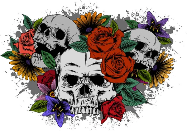 Skull with flowers, with roses. Drawing by hand