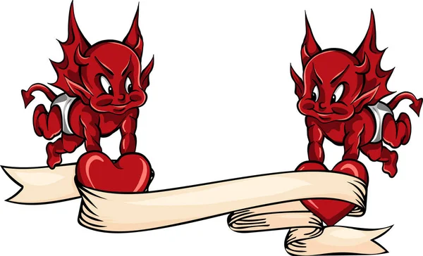 Monstruo Del Diablo Con Cinta Corazón — Vector de stock