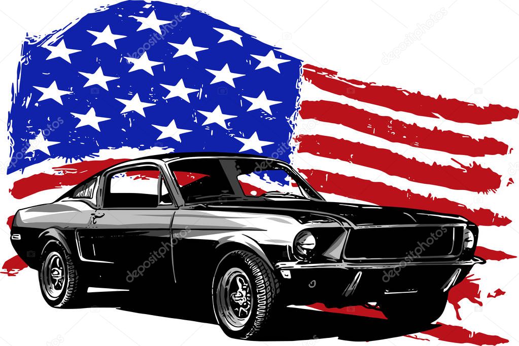Vector graphic design illustration of an American muscle car with stars and stripes flag isolated on white