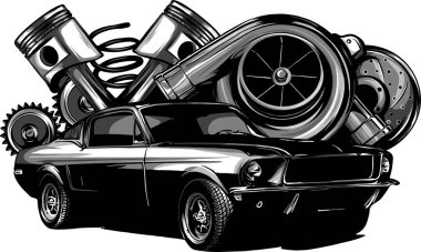 Eski model araba bileşenleri koleksiyonu witn otomobil motor motor piston direksiyon lastik farlar hız göstergesi şanzıman darbe emici illüstrasyon izole