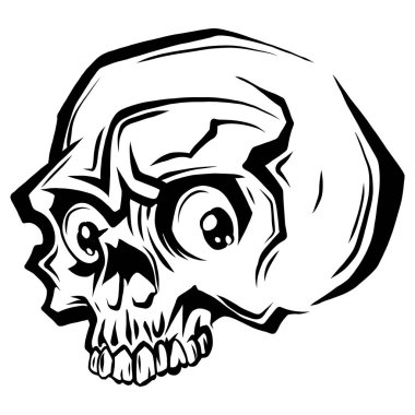 Mürekkep eliyle alt çene çizilmiş insan kafatasının siyah beyaz vektör çizimi