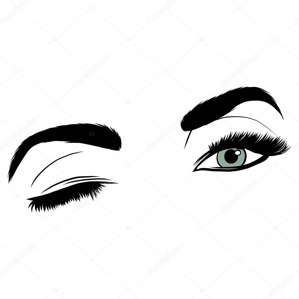 Illustration with woman s eye wink, eyebrows and eyelashes. Makeup Look. Tattoo design. Logo for brow bar or lash salon.