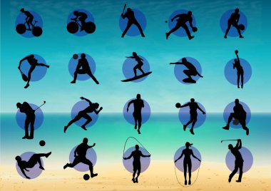 Resimde çeşitli spor, çeşitli oyunlar piktogram temsil eder..
