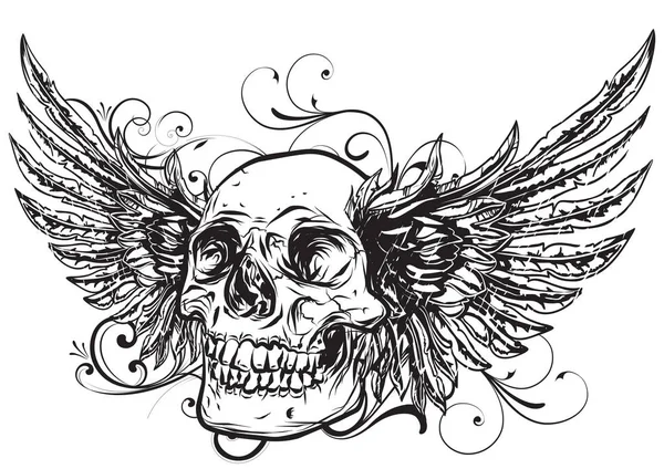 Crâne Humain Avec Des Ailes Pour Conception Tatouage — Image vectorielle