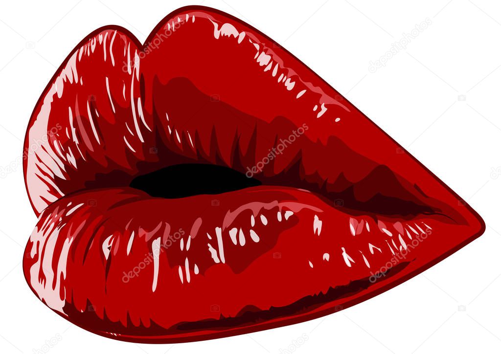 Lips hand drawn highly details graphic red illustration. Vector element for design. Sketch color doodle. Isolated on white background.