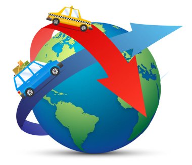 Uçakla seyahat. Güneş, Dünya Haritası ve bulutlar gökyüzünde uçak. Uçuş tasarım şablonu. Kağıt Sanat. illüstrasyon