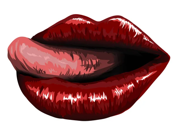 Boca Abierta Con Labios Rojos Femeninos Lengua Sobresaliendo Primer Plano — Vector de stock