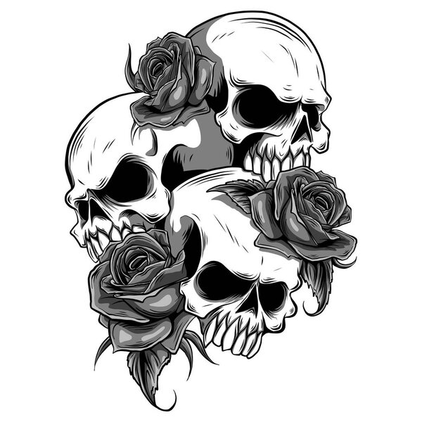 Череп человека с розами, нарисованными в стиле татуировки
.