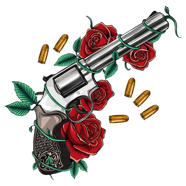 Par Armas Cruzadas Flores Cor Rosa Desenhadas Estilo Tatuagem Ilustração —  Vetores de Stock