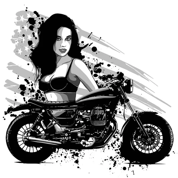 Beautiful Biker Girl Her Motorcycle — Stock Vector