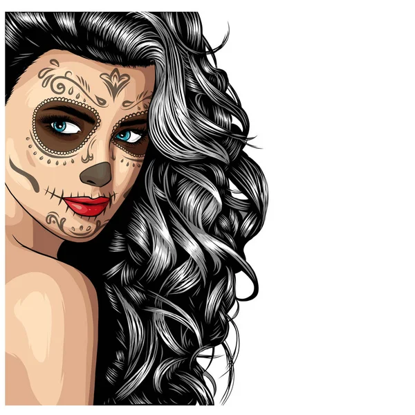 Meisje Met Skelet Make Hand Getekend Vector Schets Santa Muerte — Stockvector