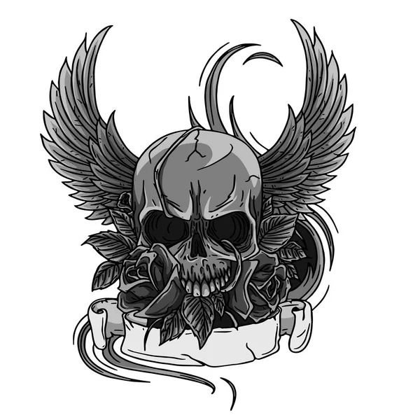 Totenkopf Symbol Tattoo Design Krone Lorbeerkranz Flügel Rosen — Stockvektor