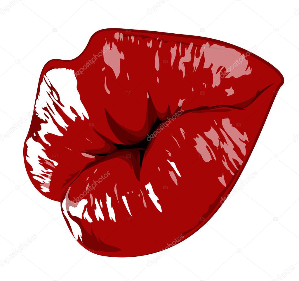 Lips hand drawn highly details graphic red illustration. Vector element for design. Sketch color doodle. Isolated on white background.