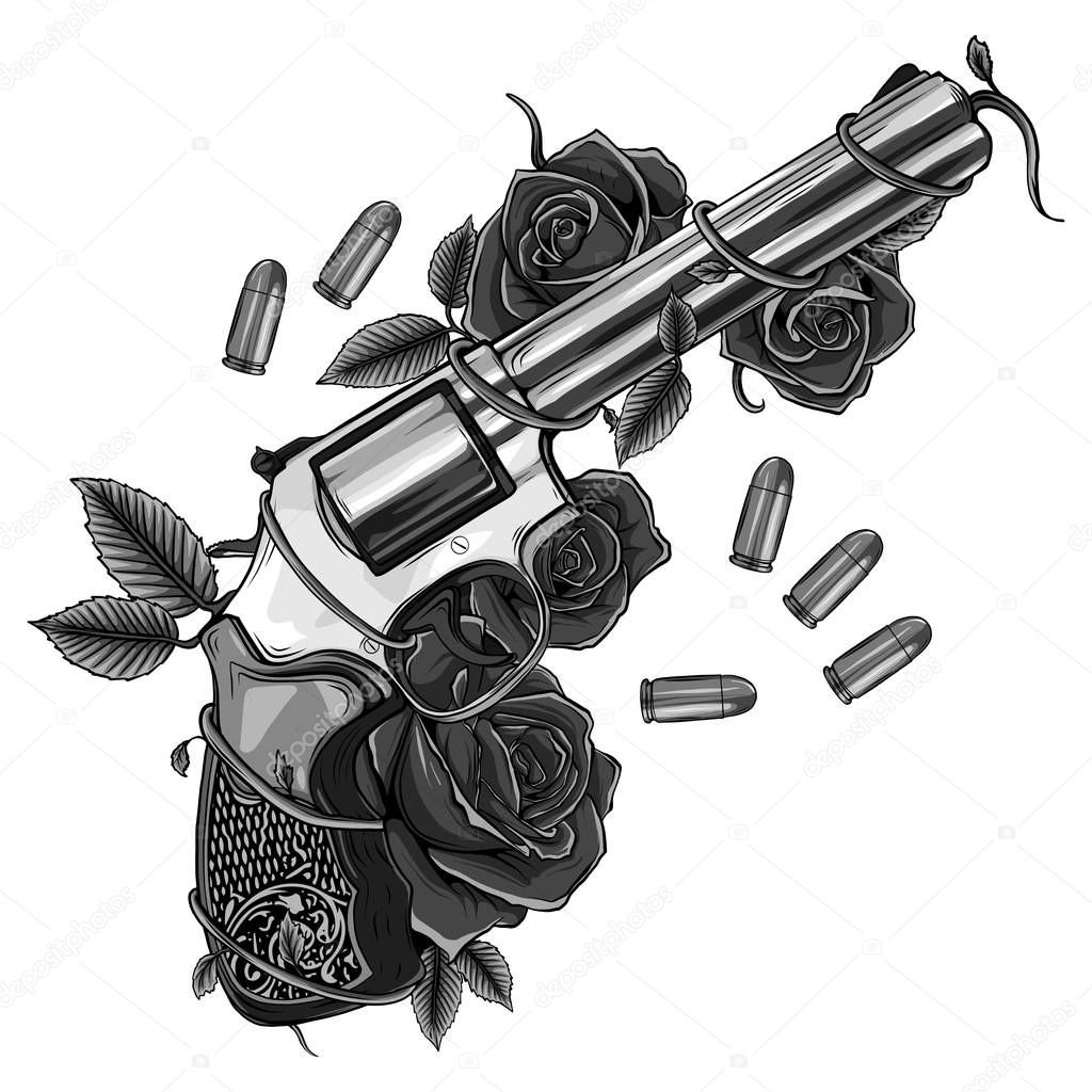 Pair of crossed guns and rose flowers drawn in tattoo style. illustration.