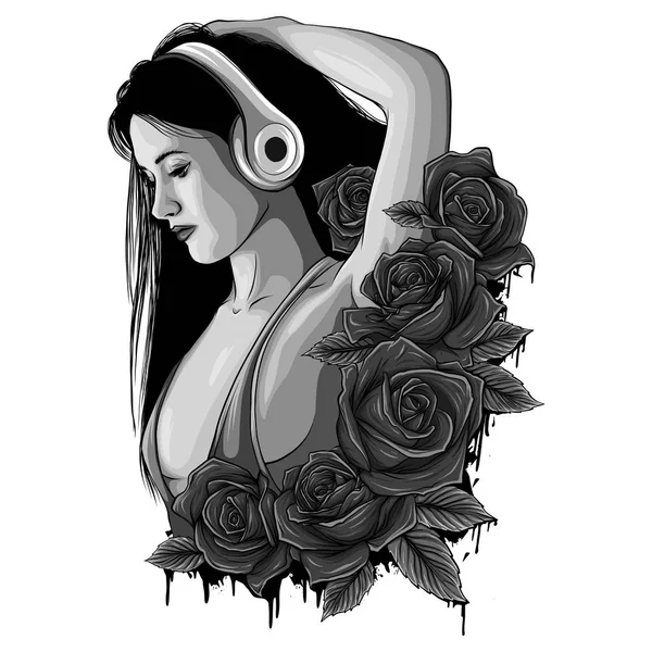 Illustration Belle Fille Avec Écouteurs Roses — Photo