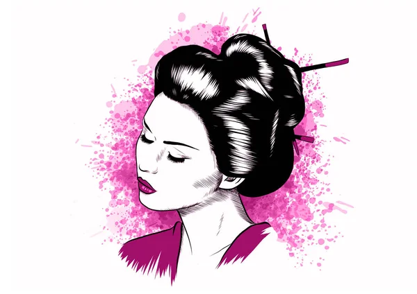 Hermosa Geisha Japonesa Sostiene Ilustración Vector Rojo — Archivo Imágenes Vectoriales